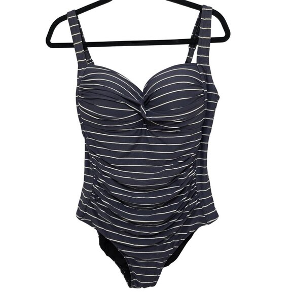 BOND EYE Australia Navy & White Striped One-Piece Swimsuit Ruched Front & Built- - Picture 1 of 10